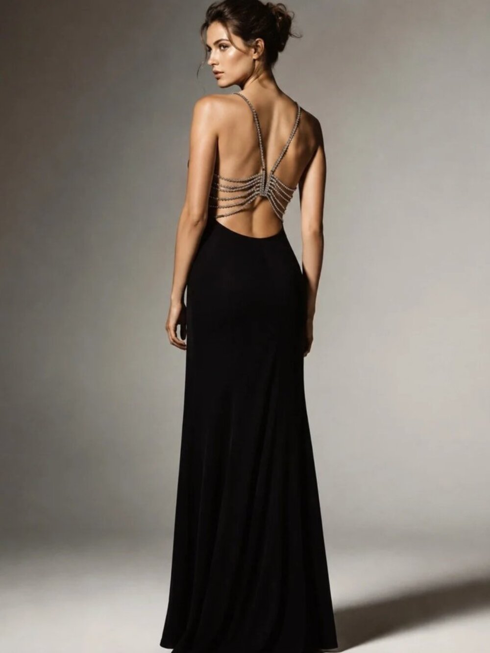 Vintage Cache Black Strapless Slip Dress with Silver Chain Straps